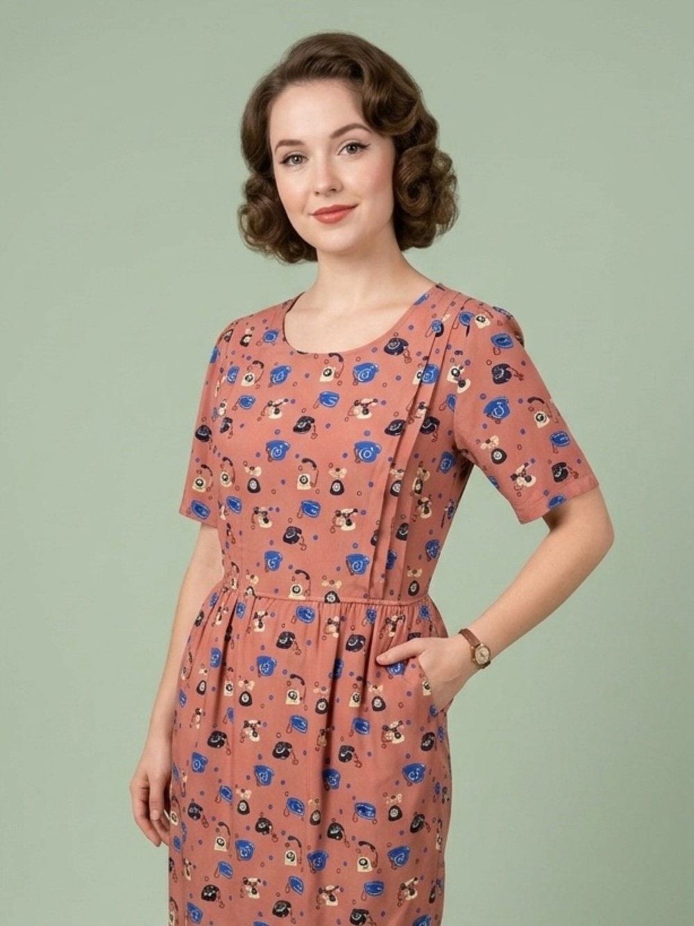 Yumi Retro Rotary Telephone Print Pintuck Dress Pink Blue Pockets ModCloth US M